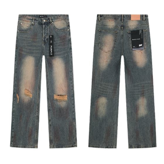 Light Blue Washed Wide-Leg Denim Jeans with Brown Gradient and Knee Patches